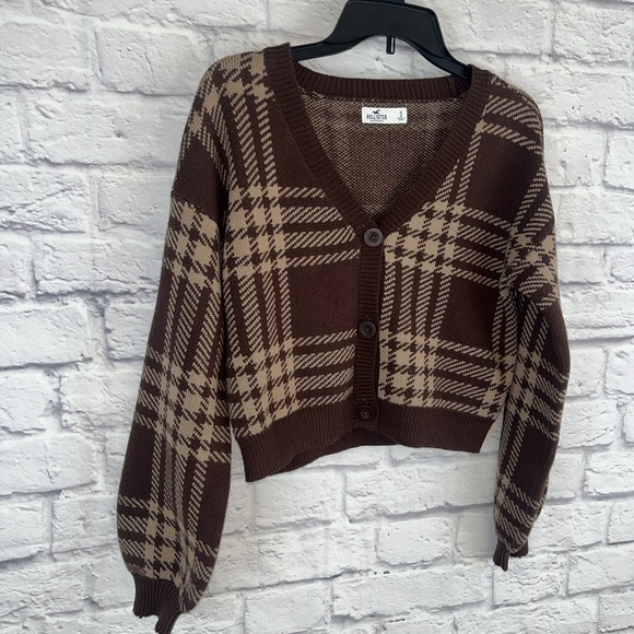 Hollister Plaid Brown Tan Preppy Academia Clueless Cropped Cardigan Size Small - Picture 5 of 9